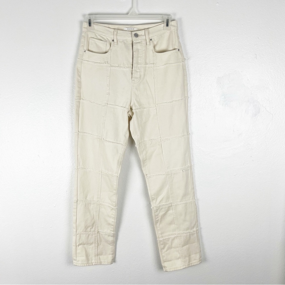 PACSUN Pacific Sunwear Fray Panel Details High Rise Cream Dad Jeans 28 Neutral